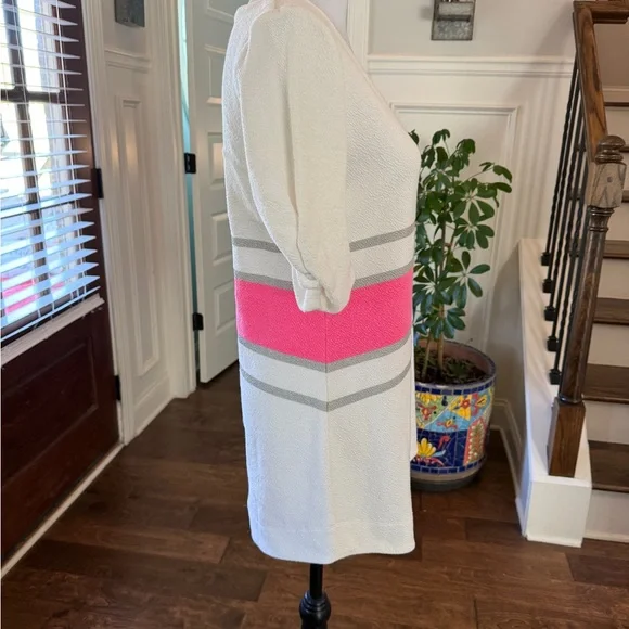 Deletta EUC White and Pink Striped Tunic/Dress w/ Zipper Back and Ruched Sleeves - Picture 3 of 4